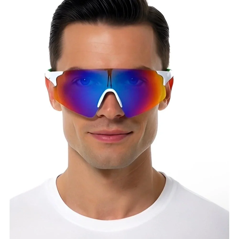 Sport Sunglasses Cycling Running Glasses UV Protection White Frame Blue Mirror‎